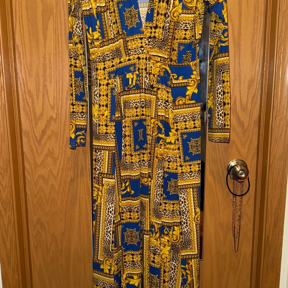 Fashion Nova Royal Blue and Gold Long Sleeve Dress